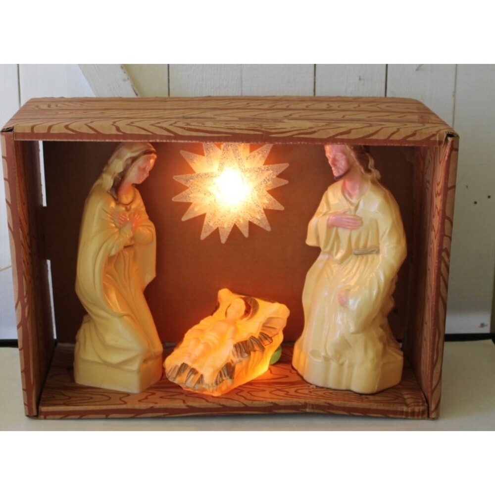 Vintage Blow Mold Lighted Nativity Set Joseph Mary Baby Jesus 16”X 11” Manger